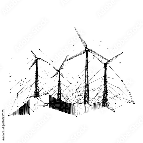 Wind turbines generate renewable energy in an advanced wind farm setting with dynamic lines and artistic flair