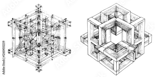 Intricate geometric structure showcasing complex design in black and white illustration