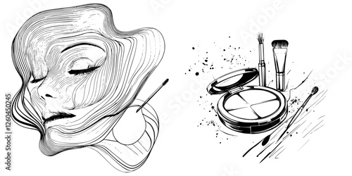 Design featuring abstract beauty illustration with makeup tools and products in an artistic layout