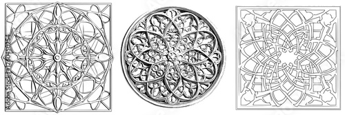 Intricate geometric designs featuring mandalas and patterns created with fine lines and detailed artistry