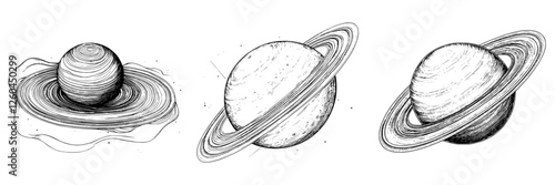 Artistic representations of Saturn showcasing unique ring systems and surface details in a cosmic setting