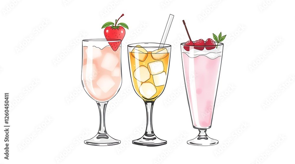 Group of three soft drinks in various glasses with garnish Group of three soft drinks in various glasses with garnish