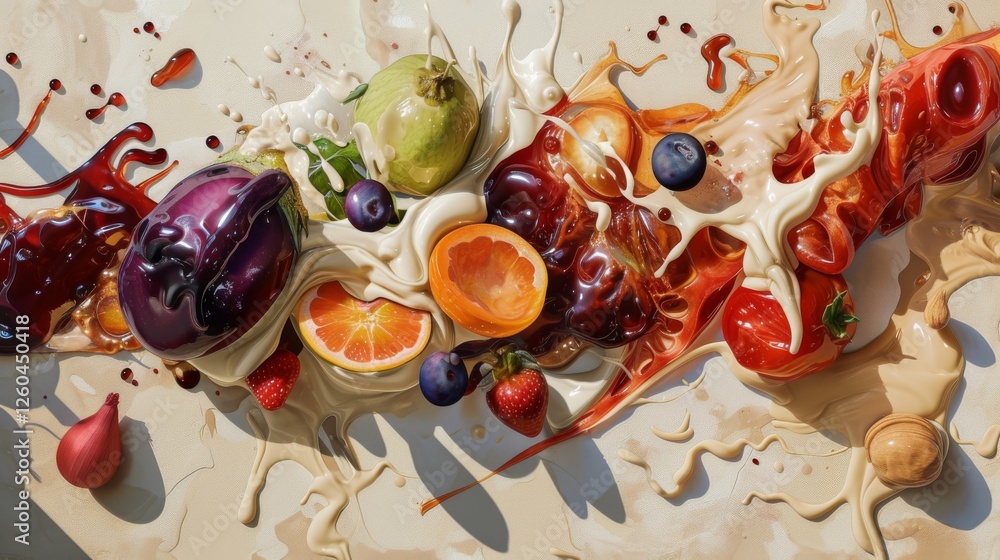 A vivid combination of splashing fruits and colorful liquids, including oranges, berries, and other fresh produce, creating dynamic movement. AI generated.