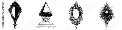 Decorative vintage mirrors and pyramid display pieces arranged in an artistic composition for elegant home decor