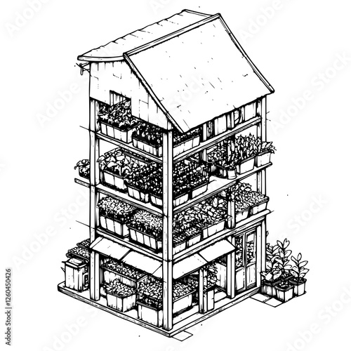 Vertical garden design featuring multiple plant-filled balconies in a three-story structure