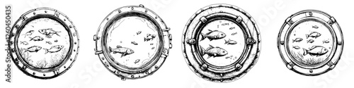 Underwater views through portholes showcasing various fish in a marine environment