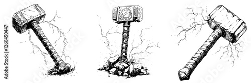 Illustration of a mighty hammer surrounded by electric energy in three different poses