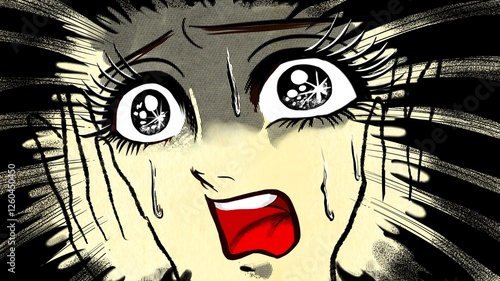 昭和レトロ風のホラー漫画に登場する絶叫する少女のドアップ顔