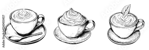 Three detailed illustrations of coffee cups showcasing unique froth designs on a white background