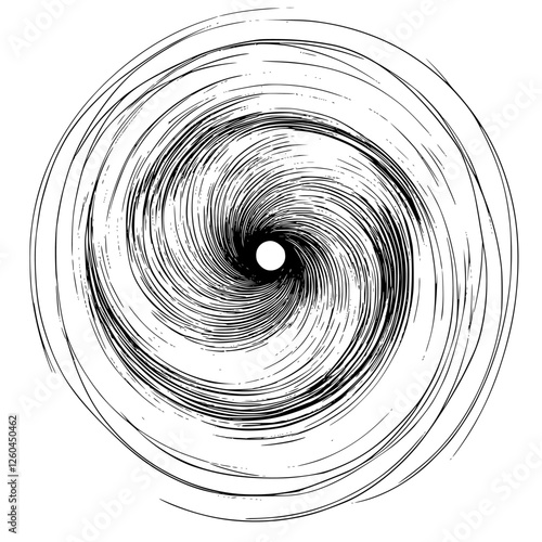 Intricate black and white spiral pattern resembling a cyclone forming in a minimalist design