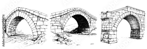 Detailed sketches of historical stone bridges showcasing different architectural styles and structural designs