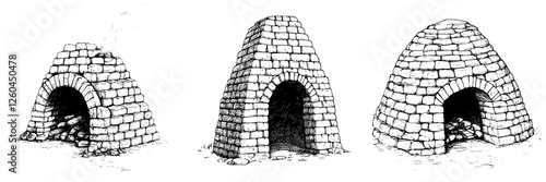 Traditional brick kilns used for firing ceramics in a rustic setting during the day