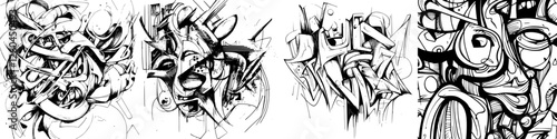 Abstract black and white graffiti art with intricate patterns and faces displayed on urban walls