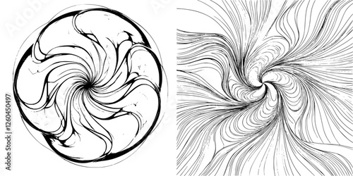 Abstract black and white swirl patterns displaying intricate designs with a dynamic flow of lines and curves