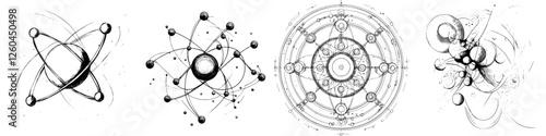 Hand-drawn vector illustration of atomic structures showcasing various particle arrangements and designs in scientific art