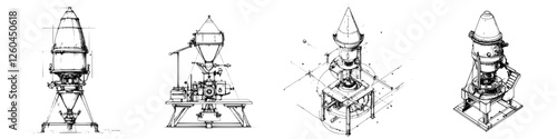 Hand-drawn vector illustration of industrial machinery designs showcasing various models and technical details