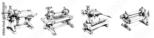 Vector hand-drawn illustration showcasing classic lathe machines in a workshop setting