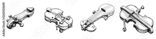 Hand-drawn vector illustration of different types of violins showcasing intricate details and design