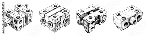 Vector illustration of unique hand-drawn mechanical blocks showcasing various angles and components in a minimalistic style