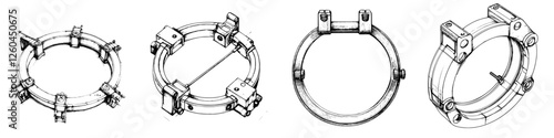 Hand-drawn vector illustration of mechanical clamps in various designs showing intricate details and functionality
