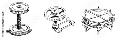 Vector illustration of mechanical devices in hand-drawn style showcasing intricate design and functionality