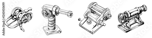 Vector illustration showcasing hand-drawn winches and pulleys designed for nautical and industrial purposes