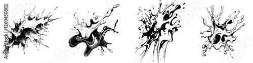 Black ink splashes create dynamic shapes and patterns, showcasing fluid movement and artistic expression in a creative space
