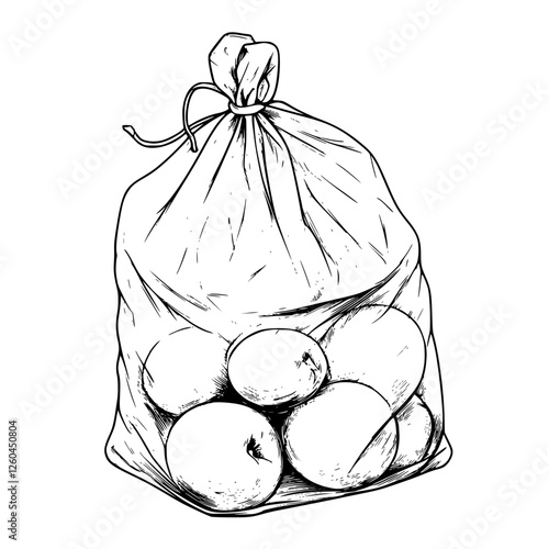 Vector illustration of a hand-drawn bag filled with fresh apples on a plain background