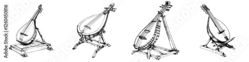 Hand-drawn vector illustration of various string instruments on display in a creative studio setting