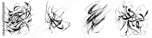 Abstract black and white artistic strokes create dynamic patterns and shapes on a light background