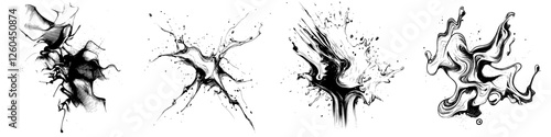 Abstract ink splashes and ink designs showcasing fluid movement and creativity in black and white art