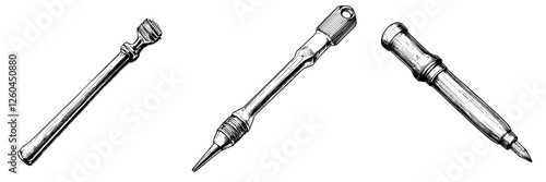 Hand-drawn vector illustration featuring various dental tools showcasing their unique designs and functionalities in a clinical setting