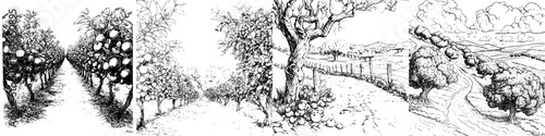 Hand-drawn vector illustration depicting a serene orchard with fruit trees, rolling hills, and winding paths at sunset
