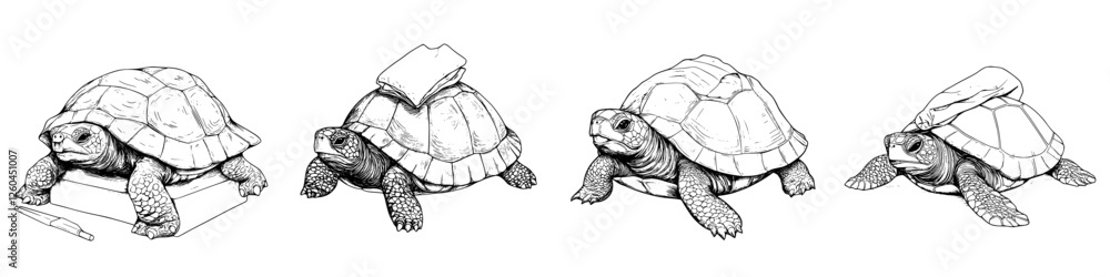 Fototapeta premium Turtles balancing various objects on their shells in a hand-drawn vector illustration demonstrating playful perseverance