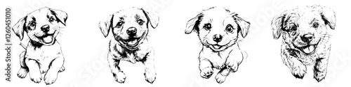 Hand-drawn vector illustration of playful puppies in various poses showcasing joy and energy in a whimsical style