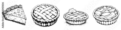 Delicious hand-drawn vector illustration of various types of pie showcasing different crust and filling styles