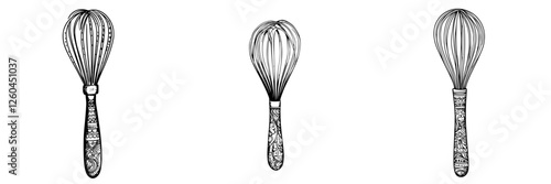 Vector illustration of hand-drawn whisks with intricate designs showcasing creativity in kitchen utensils for culinary arts