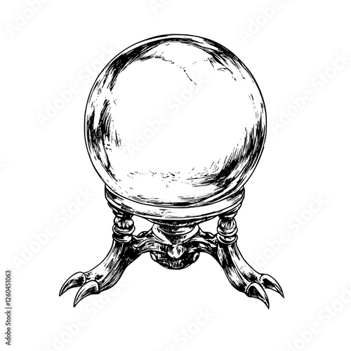 Hand-drawn vector illustration of a mystical crystal ball on a decorative stand with clawed feet