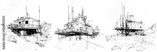 Hand-drawn vector illustration of three unique research stations on rocky terrain in a remote location