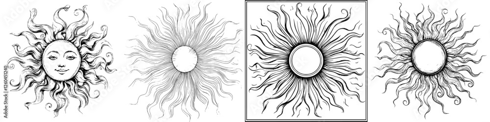 Hand drawn vector illustration of various sun designs featuring facial expressions and radiant rays Hand drawn vector illustration of various sun designs featuring facial expressions and radiant rays