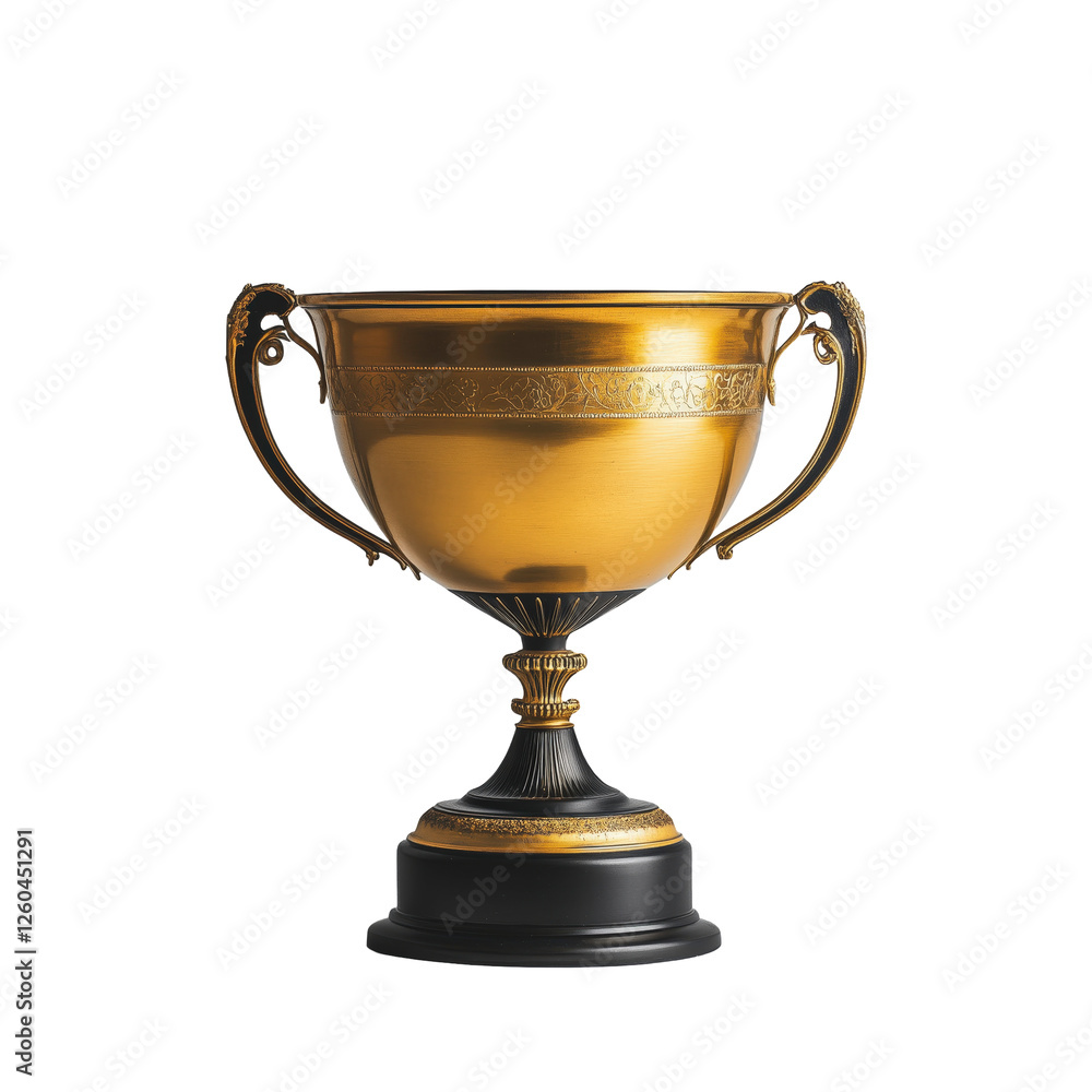 Golden Trophy: A classic, gleaming golden trophy with ornate details stands proudly on a black base, ready to be awarded to a deserving champion. Its polished surface reflects the light. Golden Trophy: A classic, gleaming golden trophy with ornate details stands proudly on a black base, ready to be awarded to a deserving champion. Its polished surface reflects the light.