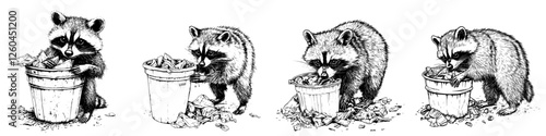 Raccoons exploring trash bins in a charming hand-drawn vector illustration depicting playful antics outdoors