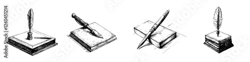 Hand-drawn vector illustrations showcasing traditional writing tools and accessories on a surface