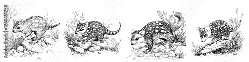 Hand-drawn vector illustration of playful marsupials exploring a natural habitat