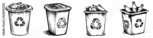 Hand-drawn vector illustration of various recycling bins for waste disposal and environmental awareness