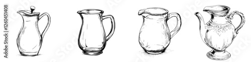 Hand-drawn vector illustration of various jugs in a detailed and artistic style showcasing unique designs