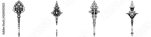 Vector illustration of ornate hand-drawn decorative scepters showcasing intricate designs and elegant details