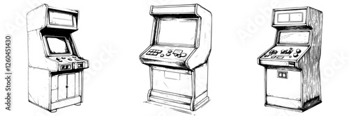 Vintage arcade game cabinets illustrated in a hand-drawn vector style depicting classic gaming culture