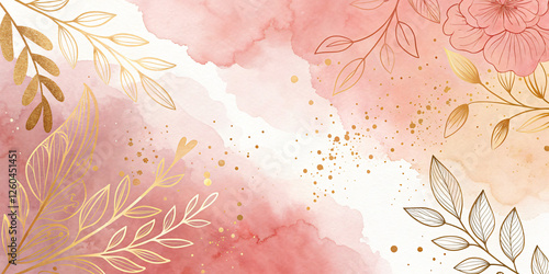 Elegant watercolor splash background with soft pink and peach tones, accented by delicate gold foil leaves or flowers