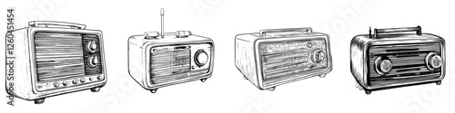 Vintage hand-drawn vector illustration of classic radios from different eras showcasing unique designs and features